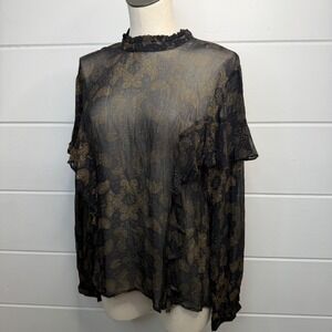 Lucky Brand Sheer Ruffle Blouse XL Printed Paisley Whimsygoth Mock Neck NEW